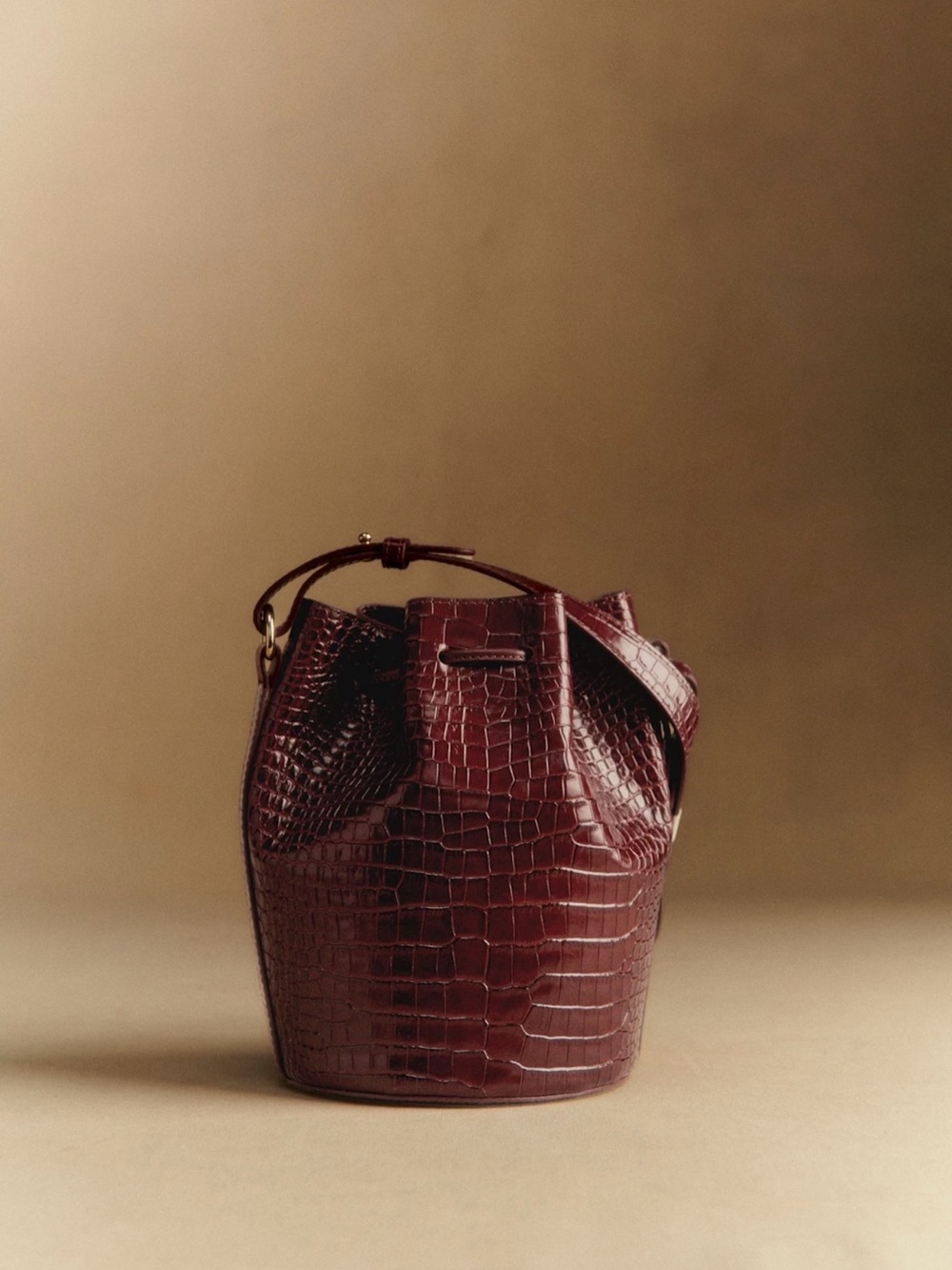NWT Sezane Chocolate Croc-Embossed Drawstring Bucket Bag - Picture 5 of 10